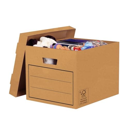 Image of BANKERS BOX 10 Multi-Use Storage Box with Lids - Cardboard Storage Box with Lids for Office Storage - Archive Boxes with Handles - W32.5 x H28.5 x D39cm (Pack of 10) - Brown