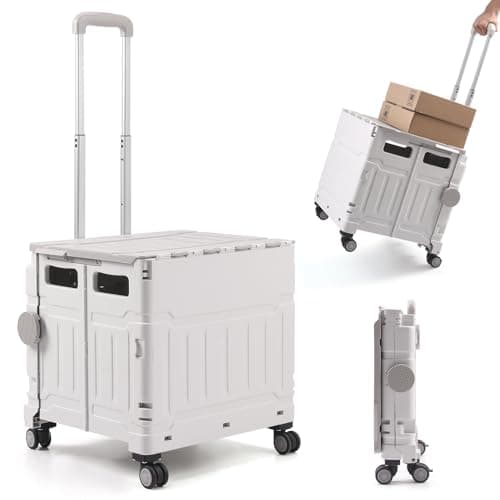 Image of The Fellie Trolley Box Cart with One-piece Lid, 75L & 50KG Capacity Folding Shopping Cart Trolley, Boot Cart with 4 Wheels & Telescopic Handle for Shopping Camping Picnic Office Laundry(White Grey)