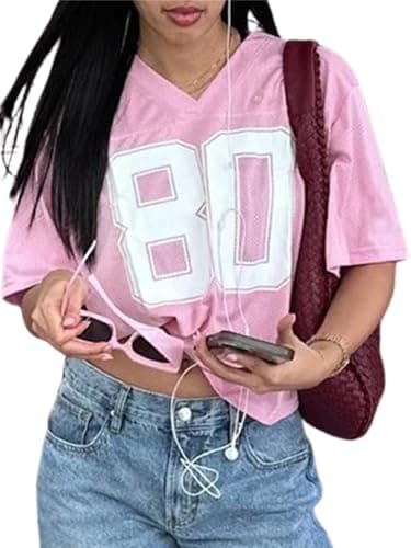 Image of ensswliz Jersey Shirts for Women Y2k Oversized Number Graphic Tees V Neck Casual Jersey Summer Sporty Aesthetic Preppy Streetwear (A-Pink, L)
