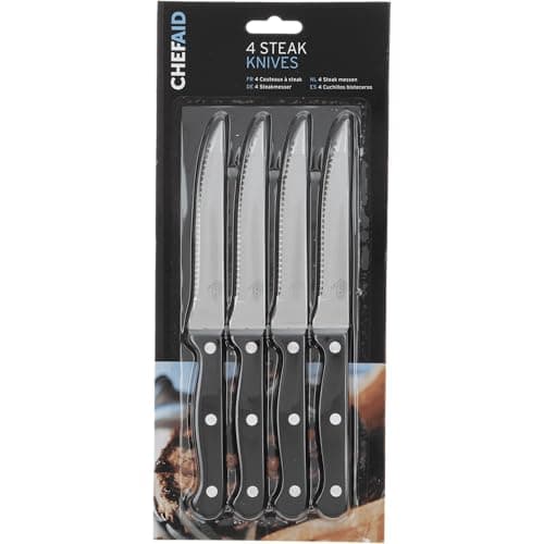 Image of Chef Aid Stainless Steel Serrated Steak Knife Set, Set of 4 Durable Multipurpose Kitchen Knives with Comfort Grip, Ergonomic - Non-Slip, Rust Resistant, Sharp Dinner Table Knife Set, Black