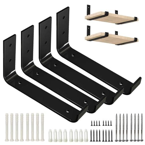 Image of 4Pcs Heavy Duty L Shape Shelf Brackets, 200mm(8 inch) Black Industrial Metal Scaffold Board Shelf Bracket for Wall Mounted Shelves with Matching Screw and Anchors, 200x30x110mm