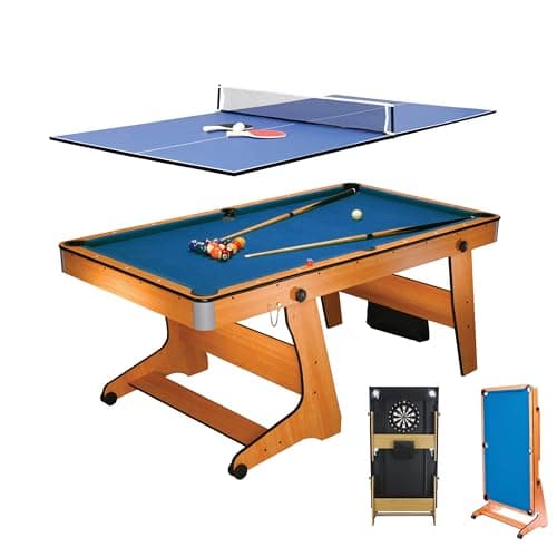 Image of BCE 6ft 3-in-1 Folding Pool Table with Table Tennis Top & Soft Tip Dart Board with Desk Top - Easy to Move - All Accessories Included