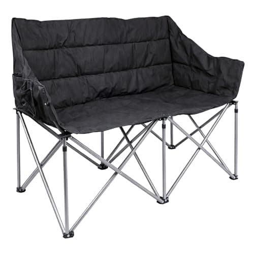 Image of Harbour Housewares Folding Double Camping Chair – Black - 2 Seater Padded Outdoor Chair, Steel Frame, Foldable Portable Seating, Garden, Festival, Picnic & Beach Chair with Carry Bag & Storage Pockets