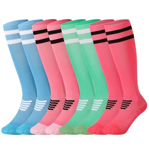 Image of Zuimei 4 Pairs Kids Football Socks, Boys Football Socks Kids Breathable Soccer Socks Knee High Sock for Boys Running Training, Aged 4-8(Pink+Rose Red+Blue+Green)