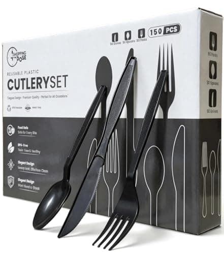 Image of Pack of 150 Heavy Duty Reusable Black Plastic Cutlery Set (50 Spoons,50 Forks,50 Knives) Durable & Sturdy Party Cutlery Set Perfect for Weddings, Parties, Camping, BBQs & All Occasions