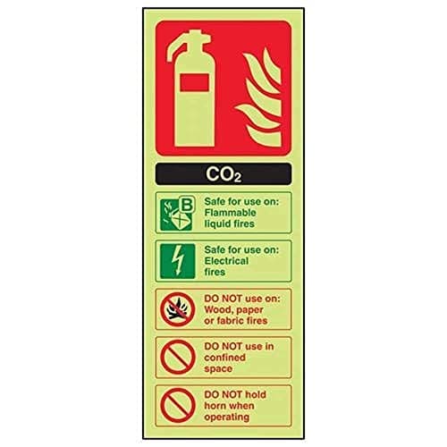 Image of V Safety Glow In The Dark Carbon Dioxide Co2 Id Fire Extinguisher Sign - 100mm x 280mm - Self Adhesive Vinyl