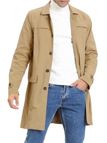 Image of Lars Amadeus Men's Trench Coat Single Breasted Button Down Jacket Long Overcoat Khaki S