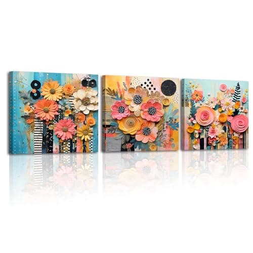 Image of Piy Painting 3 Panels Artistic Colorful Floral Canvas Wall Art,Modern Pictures For Living Room, Artwork Decorative Canvas Paintings,Wall Painting,Bathroom Bedroom Framed Ready To Hang,12×12 inch