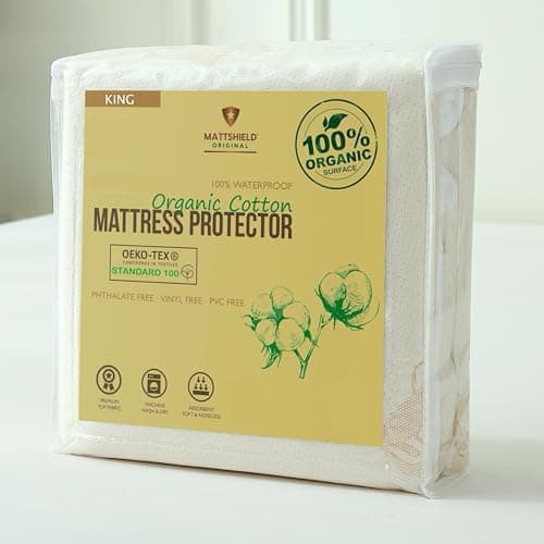 Image of Waterproof Organic Mattress Protector King - Organic Cotton Breathable Mattress Pad Cover - 200 GSM Comfort - Deep Pocket - Fitted Comfort