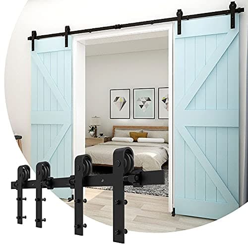 Image of CCJH 5FT/152cm Sliding Barn Double Door Hardware Track Kit J Shape Roller Hanger Set with Adjustable Floor Guide