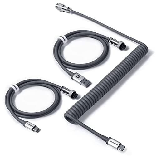 Image of MAMBASNAKE C04 Coiled USB C Cable for Mechanical Keyboard, Custom 2 In 1 Aviator Cable - USB A To Type C & Type C To Type C, HyperSpeed Cable with 8KHz Return Rate & 5 Pin Aviator Connector - Grey