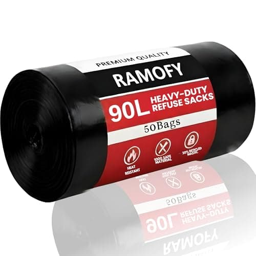 Image of RAMOFY 90L Heavy Duty Black Plastic Bin Bags – Refuse Sacks Liners – Pack of 50, Extra Strong, Tear Resistant, Leak Proof, Recycled Material