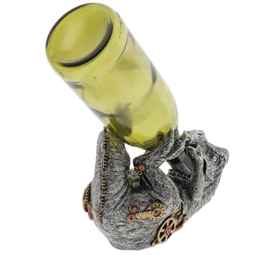 Image of Gentleman Joe Steampunk T-Rex Wine Bottle Holder, Painted Resin, Industrial Mechanical Design, Silver and Bronze