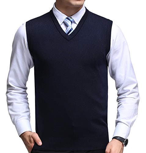 Image of FULIER Mens Winter V-Neck Sleeveless Vest Classic Business Gentleman Knitwear Knitted Waistcoat Sweater Cardigans Tank Tops (Large, Navy)