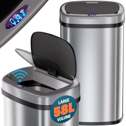 Image of Monzana® 58 Litre Silver Rectangular Stainless Steel Automatic Kitchen Bin with Sensor, Soft Close Lid for Kitchen, Bathroom, or as Nappy Bin, Recycling Dustbin and Waste Bins, Home and Kitchen