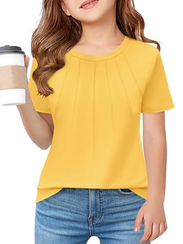 Image of Haloumoning Girls Pleated T Shirts Kids Summer Short Sleeve Crew Neck Shirt Fashion Casual Tops Tees 5-14 Years, Yellow, 10-12 Years