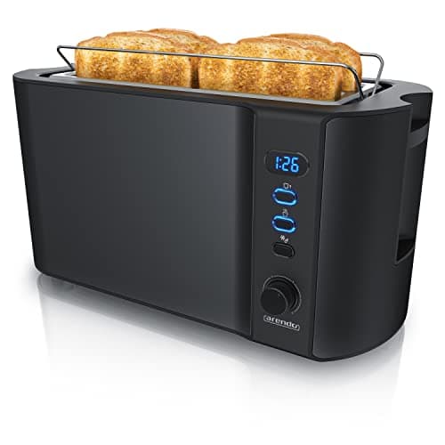Image of arendo Frukost 4 slice long slot toaster, Double wall housing, with warming rack, 6 Browning settings, auto bread centring, Reheat Defrost Cancel function, Remaining time display