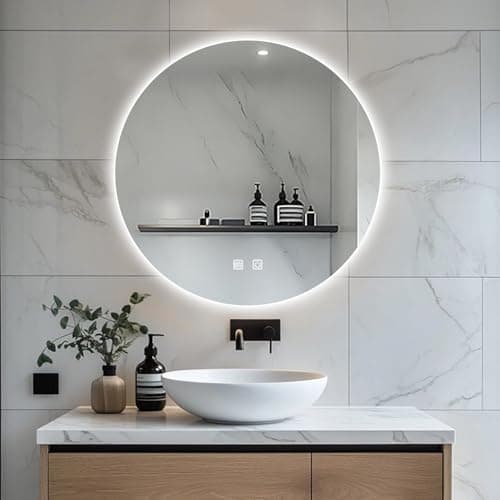 Image of JAMUBOCHE Round LED Bathroom Mirror For Over Sink, 80CM Electric Round Vanity Mirror With Backlit Lights For Shower Shaving, Fogless Wall Mounted Dimmable 3 Color Lighting, IP54