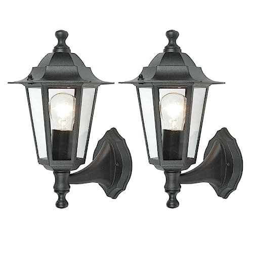 Image of Britalia 2 Pack - Black & Clear Glass Panel Outdoor Vintage Up Coach Lantern Wall Light | IP44 Rated | 31cm Height | 1 x ES E27 Lamp Required | Garden - Patio - Driveway | UK Approved | Aluminium