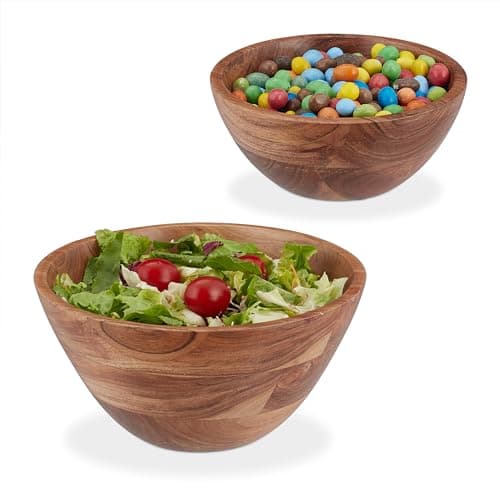Image of Relaxdays Salad, Set of 2, Acacia Wood, Ø 19 & 25 cm, Round Serving Bowls, Snacks, Fruit, Kitchen, Decor, Brown, 12 x 25 x 25 cm