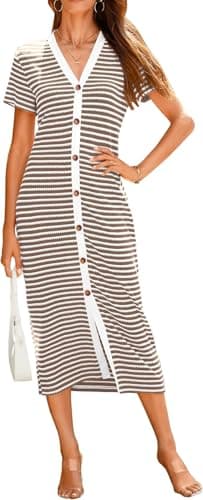 Image of TANMESSO Women's Summer 2024 Short Sleeve Casual Striped Midi Dress Decorative Button Ribbed Knit Party Dress (brown,L,L,Regular,Regular)