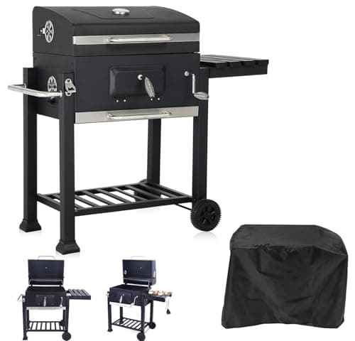 Image of Large Charcoal BBQ Grill - Smoker BBQ Trolley - XL Coal Barbecue Grill - with Adjustable Grills, Built-in Temperature Gauge, Bottle opener, Pull-out ash tray - FREE RAIN COVER (Large)