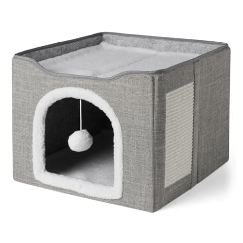 Image of Amazon Basics Cat House 1 Story Cat Beds for Indoor Cats, Cat Cube with Toy Ball Hanging and Scratch Pad, Foldable Cat Cave, 41.9cm x 41.9cm x 33 cm, Grey