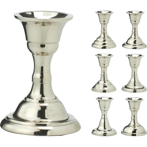 Image of Silver Metal Candlestick | Tapered Dinner Candle Holder | Short Silver Effect Candle Stand - 8cm ~ Design Varies
