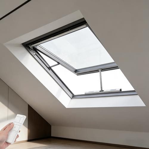 Image of NEHCFO Electric Skylight Window with Remote Control & Rain Sensor, Motorised Roof Window, Double Glazed Tempered Glass Skylight for Flat Roof, Loft, Basement & Conservatory(White,LxW 95 x 75 cm)