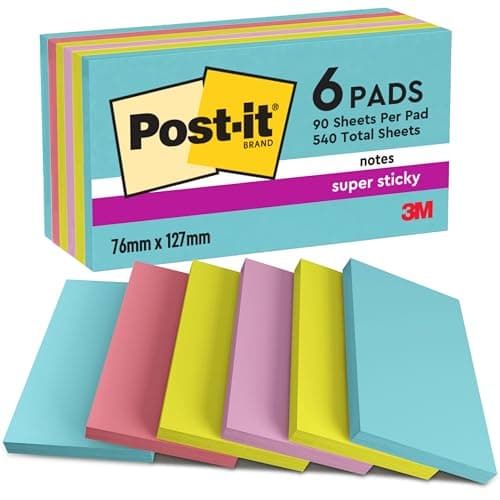 Image of Post-it Super Sticky Notes, 540 Sheets, Pack of 6 Pads, 76 mm x 127 mm - Holds Strong to Many Surfaces - Blue, Green, Pink - for Walls, Monitors and Fridge, Recycable
