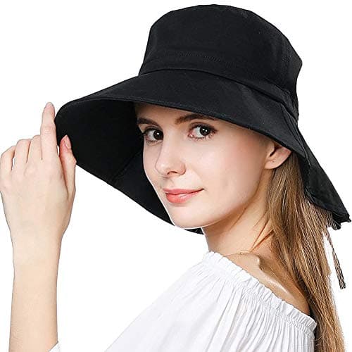 Image of Comhats Sun Hats Women UV Protection Wide Brim Hats with Neck Protection Ladies Summer Hats UPF 50 Cotton Sunhats Safari Gardening Hat Packable Black Small