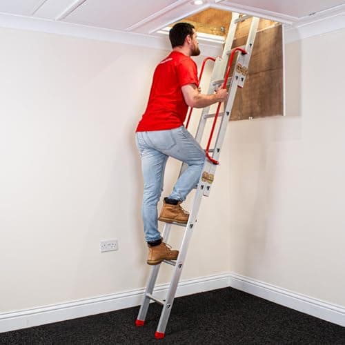 Image of BPS® Aluminium Slider | 3-Section Sliding Loft Ladder with Handrail | D-Shaped Rungs, Stowing Pole, Locking Catches | 150kg Load Capacity