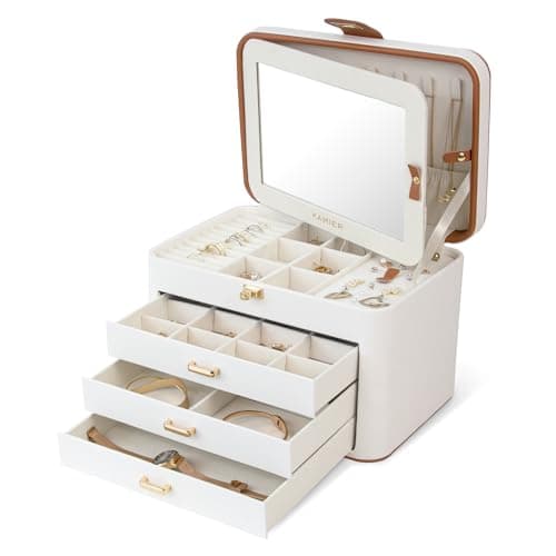 Image of KAMIER 4-Tier Jewelry Box for Women, Large Jewelry Organizer with Lock and Mirror & Necklace Holder, Vintage Storage Case with Earrings Bracelets Rings, White, Gift Ready