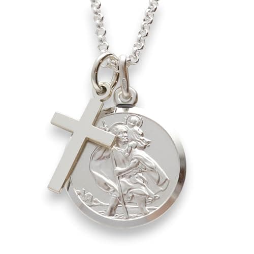 Image of Christopher James of London | St. Christopher Pendant and Cross Necklace | Solid 925 Sterling Silver | Traditional Saint Design & Travellers Prayer | St Christopher Travel Gift | Gift Box Included