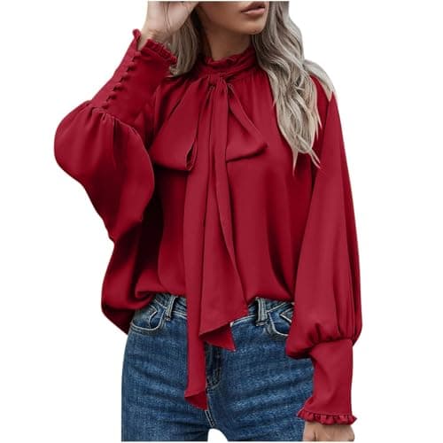 Image of Women Dressy Pullover Elegant Bow Tie Knot Mock Neck Top Ruffle Frill Lantern Sleeve Chiffon Shirts Ladies Office Work Longline Blouse Casual Loose-Fit Cuff Long Sleeve Tops Red