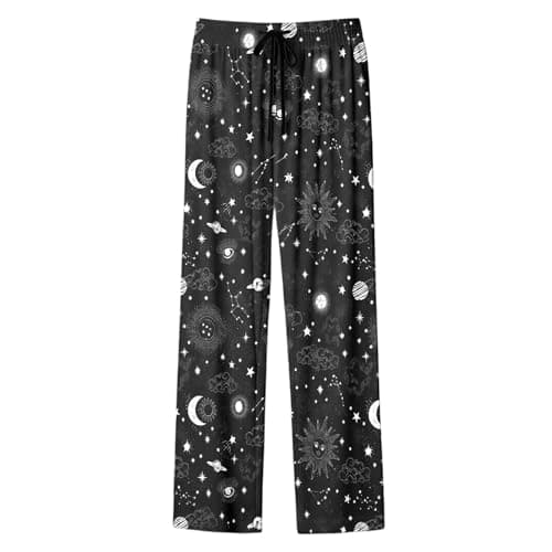 Image of Generisch Women's Palazzo Trousers with Moon Stars All-Over Print and Elastic Waistband in Black - Wide Lounge Leisure Trousers with Cosmic Motif Pattern Comfortable Casual Trousers for Lounge