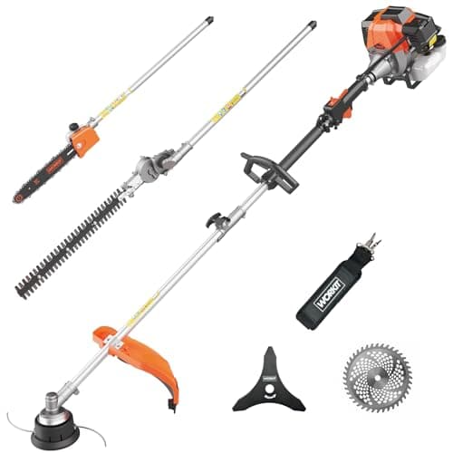 Image of WORKIT 5-in-1 Petrol Garden Multi-Tool, 52cc 2-Stroke Gas Grass Trimmer 18", Hedge Trimmer, Chainsaw & Extension Pole – Easy Start System, Quick Attachment Change, Adjustable Harness Included