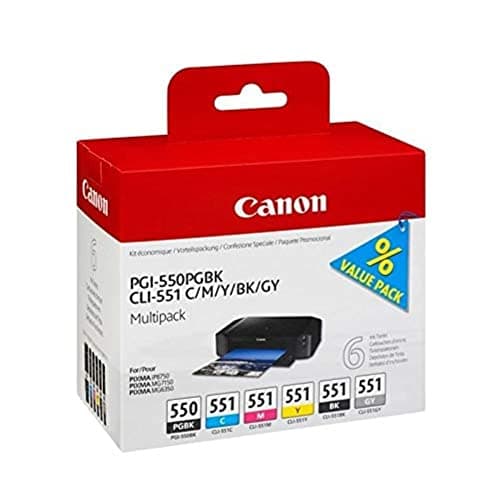 Image of Canon PGI-550 / CLI-551 PGBK/C/M/Y/BK/GY Printer Ink - Multipack with 6 Inks for PIXMA Inkjet Printers Original