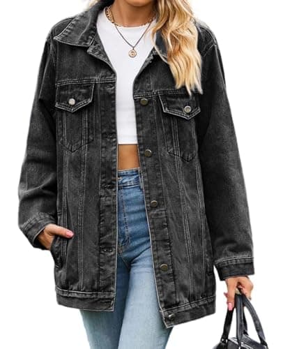 Image of MINTLIMIT Denim Jackets for Women Long Sleeve Oversized Distressed Denim Coat Casual Button Up Jean Jacket Coat with Pockets, Black