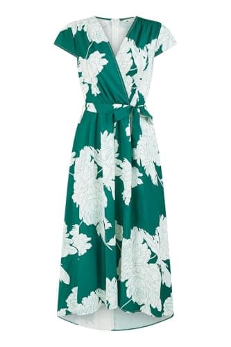 Image of Yumi Green Floral Print Wrap Midi Dress, Short Sleeves, Dipped Hem, 119cm Length (UK, Numeric, 18, Regular, Regular, Green)