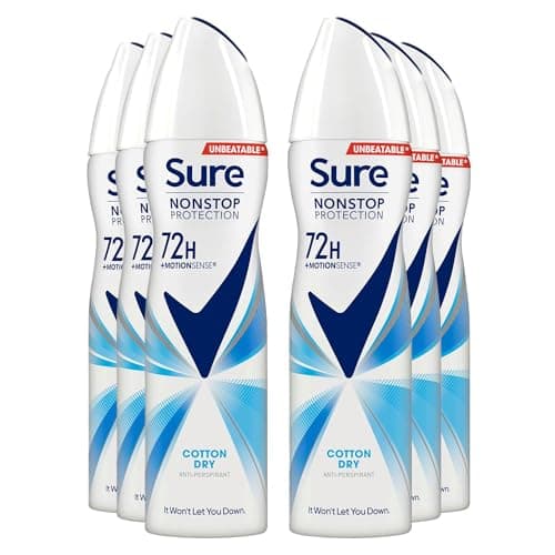 Image of Sure Antiperspirant 72H Nonstop Sweat and Odour Protection Alcohol-Free Body Spray Anti-White Marks with Fresh and Clean Multi Fragrance Deodorant for Women, 150ml Pack of 6 (Cotton Dry)