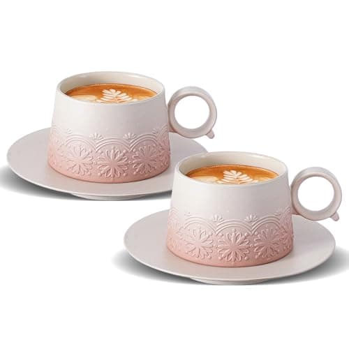 Image of ZENS Cappuccino Cups with Saucers Set of 2, 220 ml Gradient Pale Pink Ceramic Cappuccino Mug for Au Lait, Embossed Artistic Cappuccino Coffee Cups for Latte Art, Cafe Mocha or Tea, Baristas Gifts