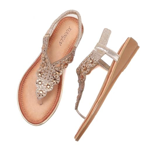 Image of Galindopia Flat Thongs Sandals Rhinestone Beaded Bohemia Beach Shoes For Women Elastic Ankle Strap Comfortable Cushion Padded Flip Flops Gold Size 38
