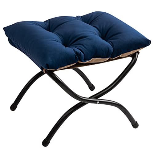 Image of HollyHOME Foldable Footstool Foot Rest Stool Folding Footstools for Living Room Garden Balcony Velvet Leg Rest Sofa Small Ottoman with Metal Legs, Dark Blue