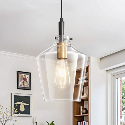 Image of Actask Glass Pendant Light, Black Gold Pendant Lights Kitchen Island with 8'' Clear Glass Lampshades, Modern Hanging Ceiling Light for Farmhouse Dining Room Bedroom Hallway(1 Pack)