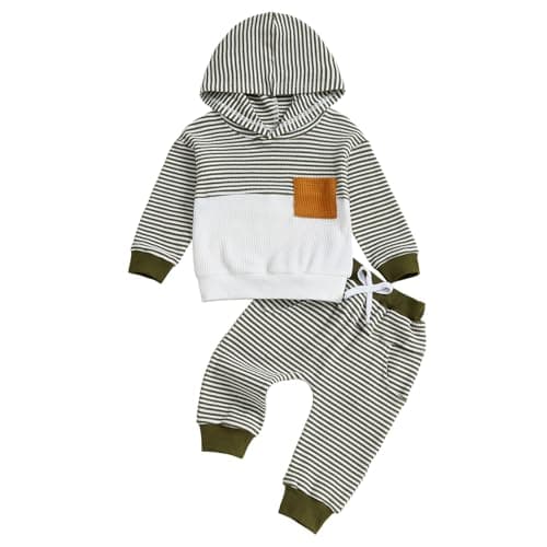 Image of Loalirando Toddler Baby Boy Clothes Long Sleeve Hoodie Stripe Sweatshirt and Jogger Sweatpants Fall Winter Sweatsuit Set (Army Green, 12-18 Months)