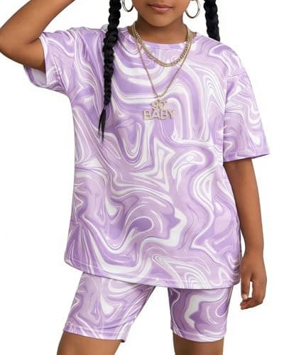 Image of OXUBOAO Girls 2 Piece Outfit Set Oversized Graphic Tshirts and Leggings Short Sleeve Top + Biker Shorts Kids Summer Clothes (Purple,10-11T)