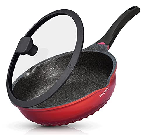 Image of INTIGNIS Deep Non-Stick Frying Pan with Lid – 3-in-1 Sauté Pan, Skillet & Mini Wok – GREBLON Ceramic Coating | Induction Hob Safe | Stainless Steel Base |PTFE & PFOA Free (Red, 24 cm)