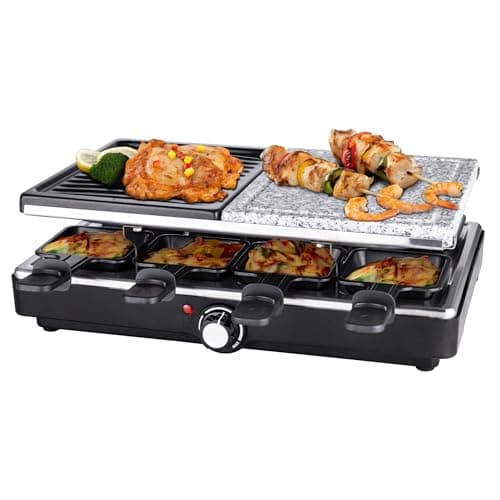 Image of Hot Stone Raclette Electric Grill 3 In 1 Indoor Kitchen BBQ Grill 1400W Stone and Non Stick Steel with 8 Cheese Dishes Adjustable Temperature