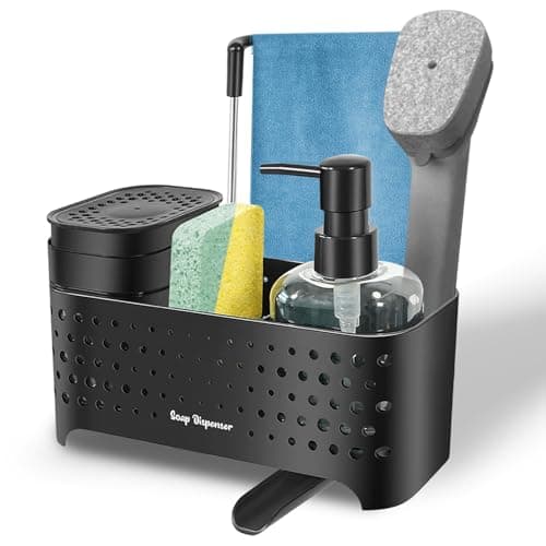 Image of Dual Soap Dispenser Set for Kitchen Sink - 5-in-1 Organizer with Hand & Dish Soap Dispensers, Brush & Sponge Holder, Dishcloth Rail | Space-Saving Countertop Design, Black